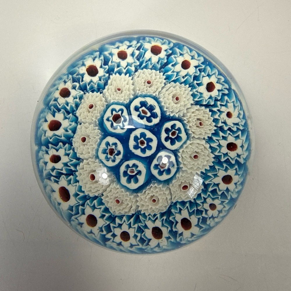 Murano Blue and White Millefiori Glass Paperweight